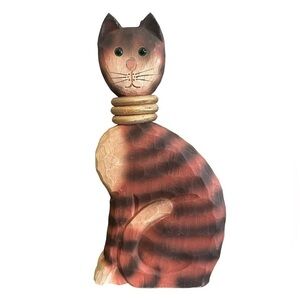 James Haddon Hand Carved Wooden Cat Figurine Folk Art Hand Painted Green Eyes